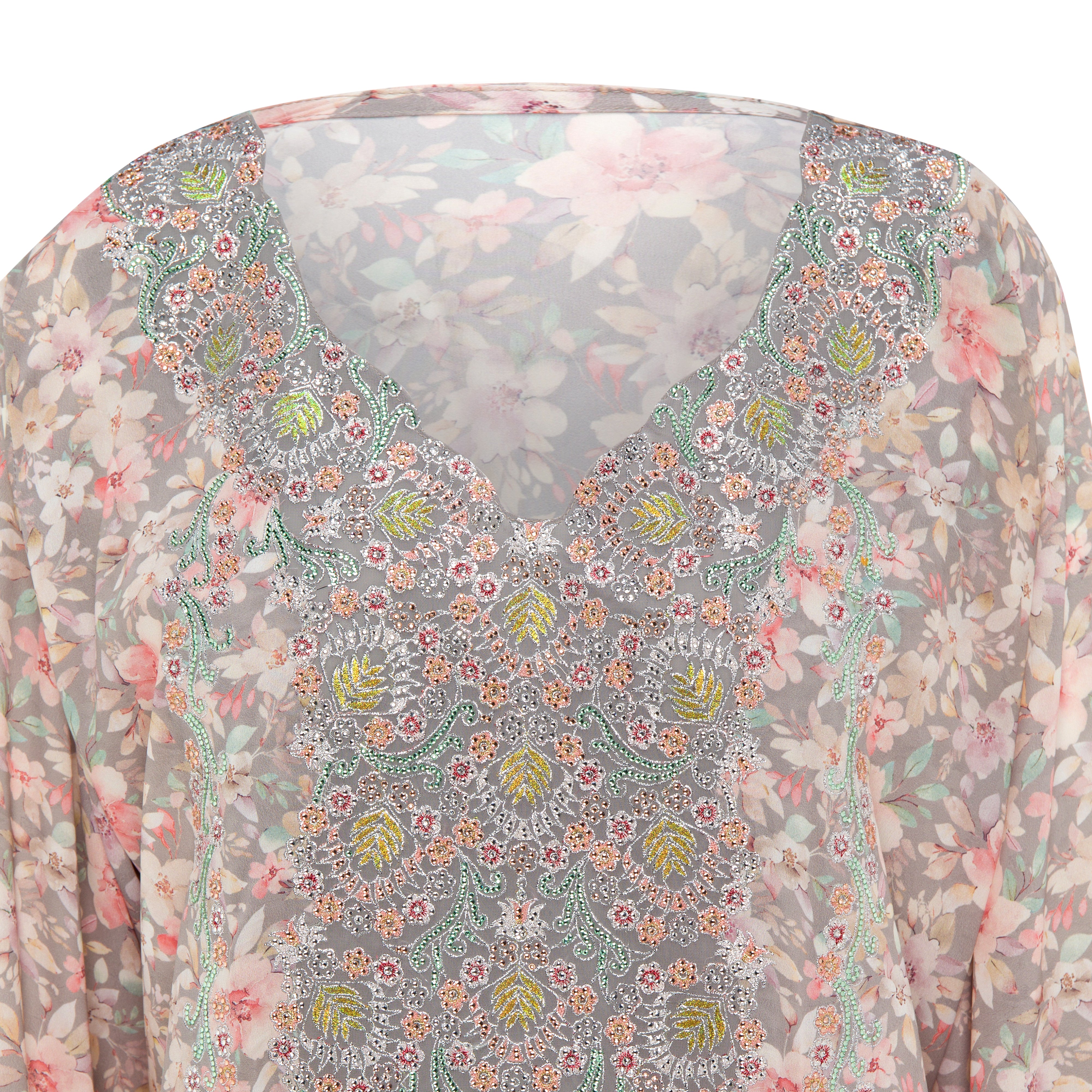 Elegant Grey Floral Mukhawar | Silk Matfi Fabric