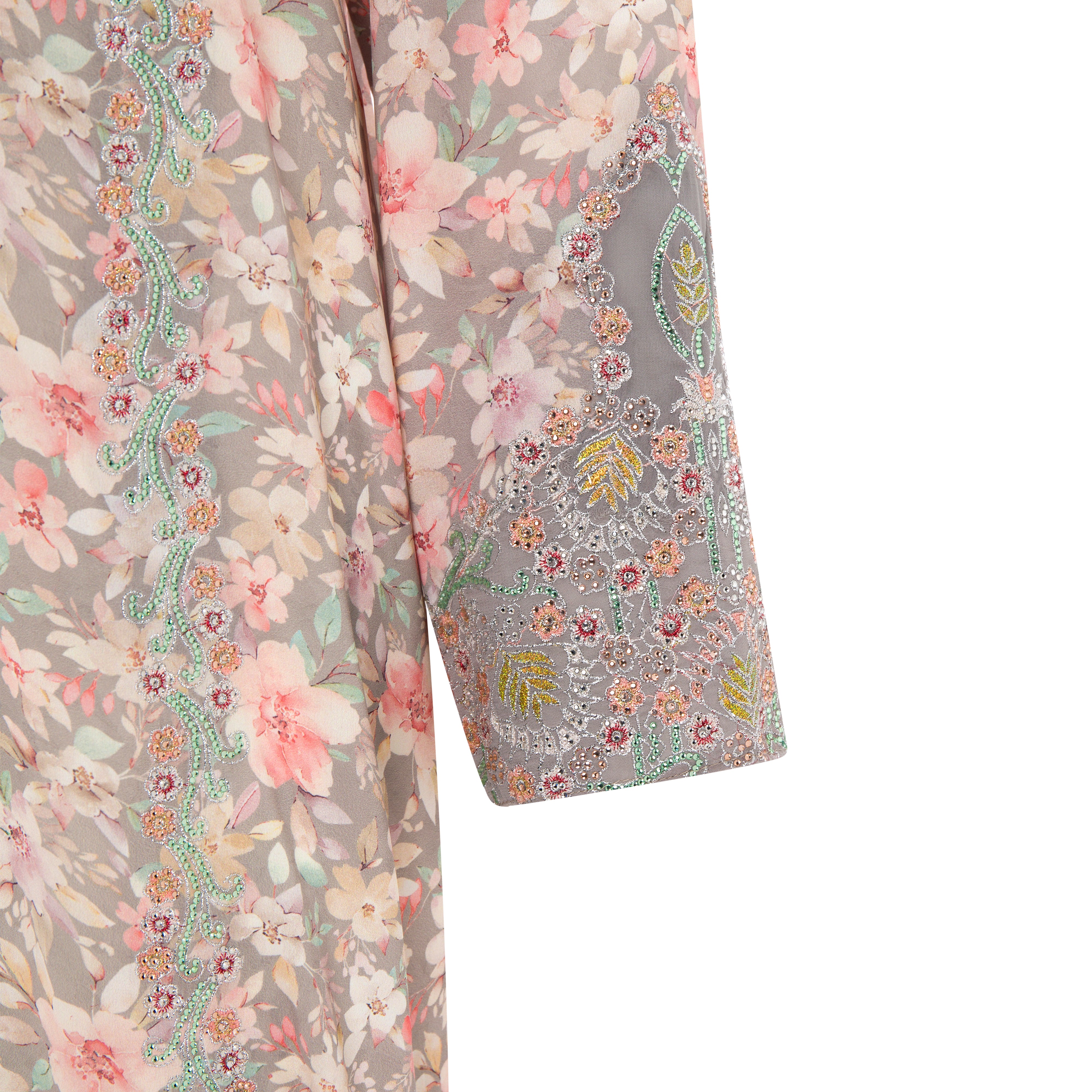 Elegant Grey Floral Mukhawar | Silk Matfi Fabric