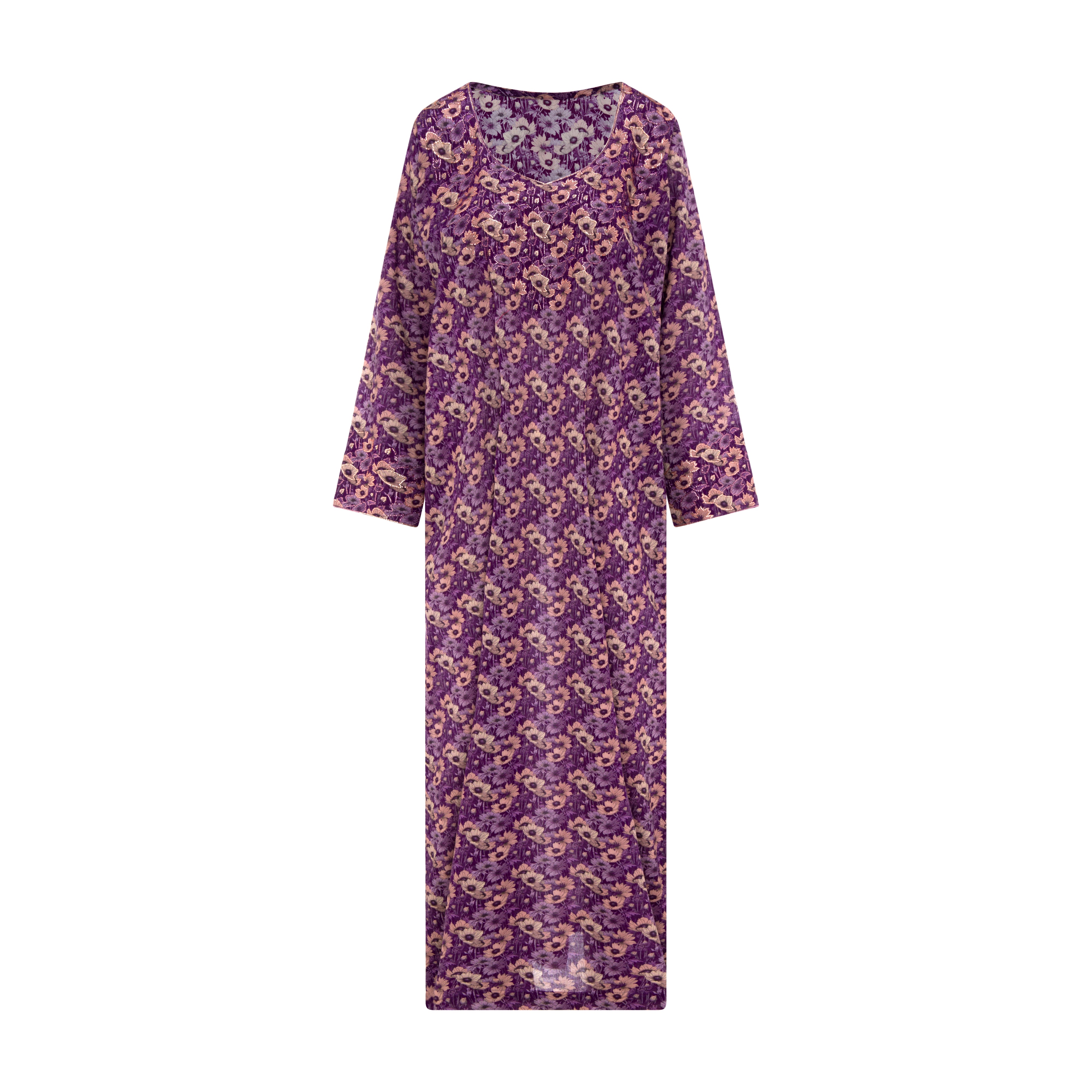 Purple Floral Cotton Dress | Crystal &Tahdeed Work