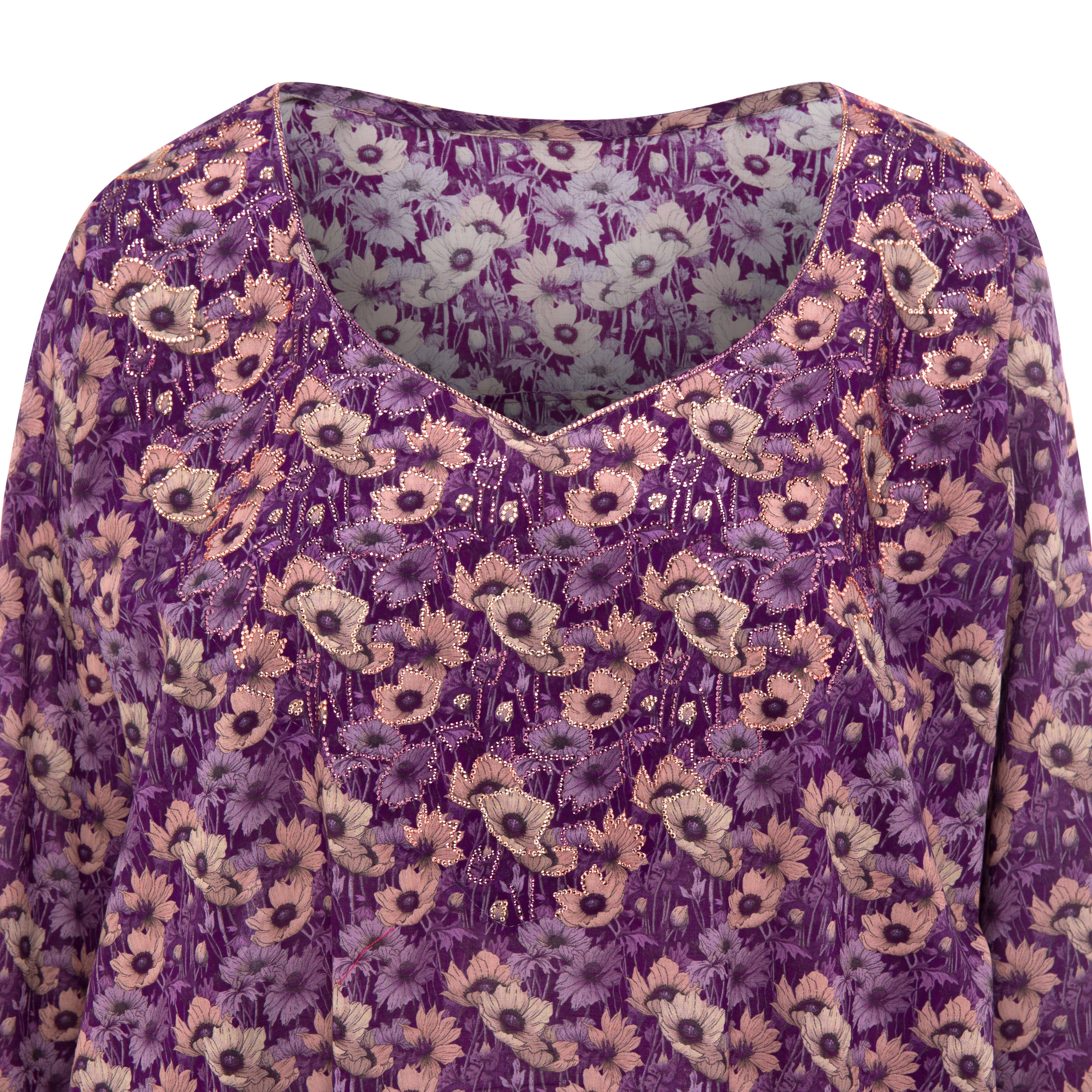 Purple Floral Cotton Dress | Crystal &Tahdeed Work